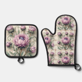 Pink Thistle Flowers Ceramic Tile Ofenhandschuh & Topflappen-Set