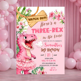 Pink Three Rex On The Loose Third Birthday Einladung