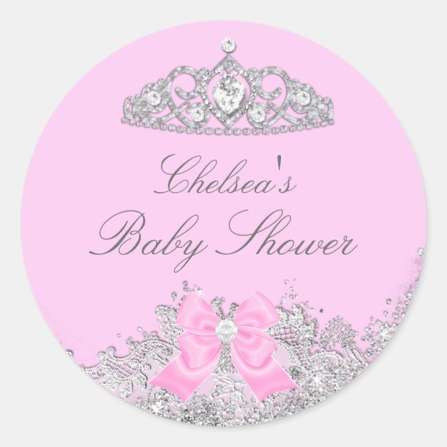 Pink Tiara & Bow Babyduschklemme Runder Aufkleber (Vorderseite)