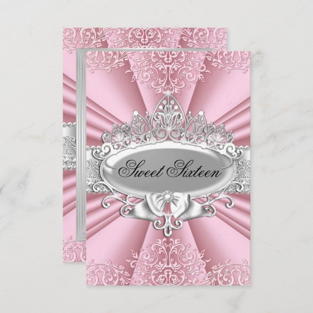Pink Tiara Damask 16 . Geburtstag Party Einladung (Vorne/Hinten)