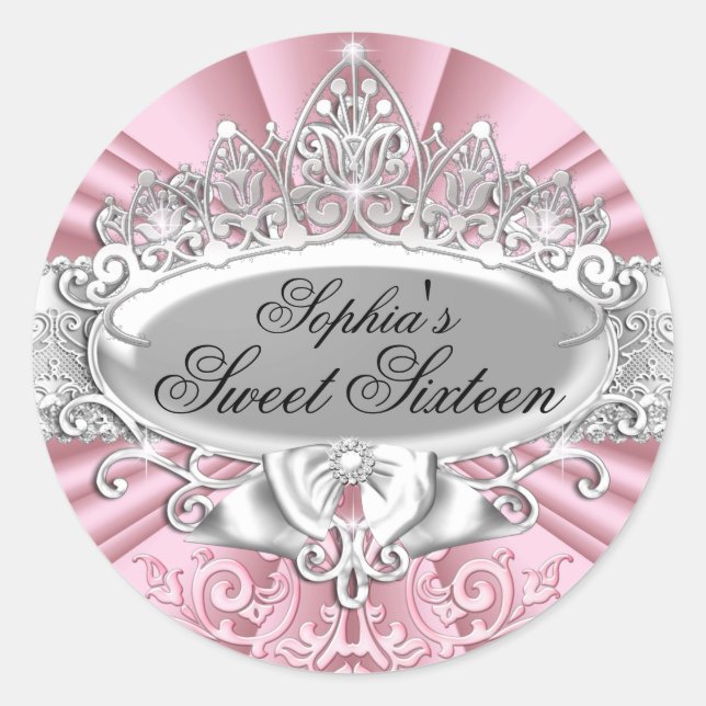 Pink Tiara & Damask 16 . Geburtstag Sticker (Vorderseite)
