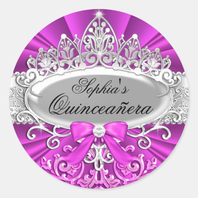 Pink Tiara & Damask Quinceanera Sticker (Vorderseite)