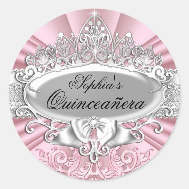 Pink Tiara & Damask Quinceanera Sticker (Vorderseite)