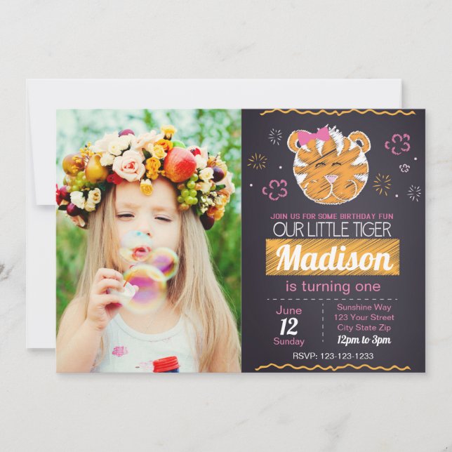 Pink Tiger Geburtstag Einladung mit Foto (Vorderseite)