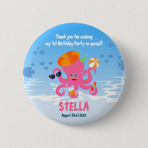 Pink Tintenfisch Sommer Baby Mädchen Geburtstagsfe Button