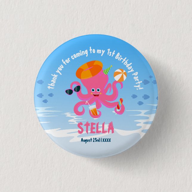 Pink Tintenfisch Sommer Baby Mädchen Geburtstagsfe Button (Vorderseite)