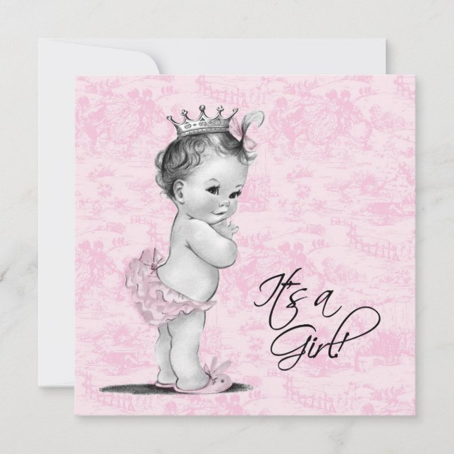 Pink Toile Baby Girl Dusche Einladung (Vorderseite)