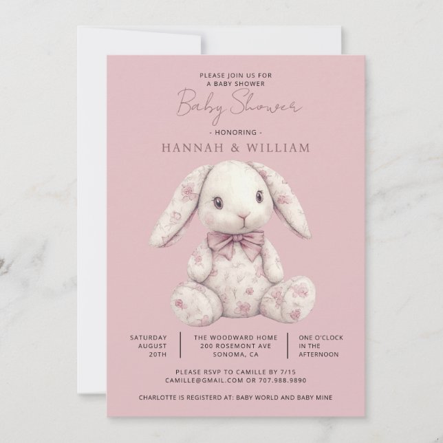 Pink Toile Bunny Rabbit Girl Baby Shower Einladung (Vorderseite)