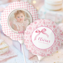 Pink Toile Coquette Bow 1. Geburtstagskarte Ballon