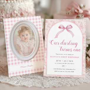 Pink Toile Coquette Bow 1. Geburtstagskarte Einladung