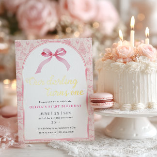 Pink Toile Coquette Bow 1. Geburtstagskarte Folieneinladung