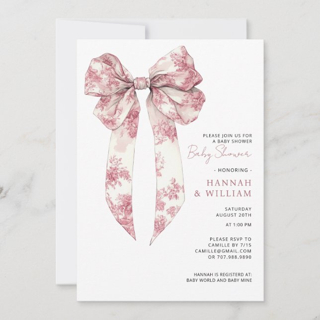 Pink Toile Coquette Ribbon Girl Baby Shower Einladung (Vorderseite)