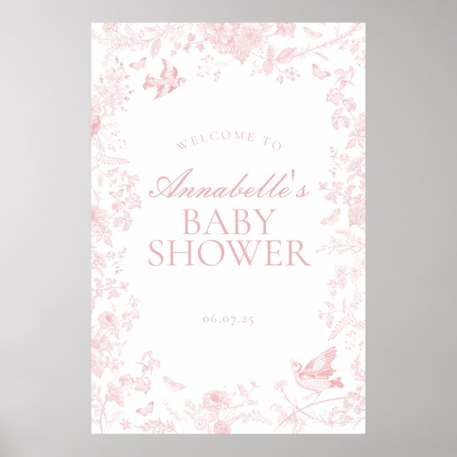 Pink Toile De Jouy Floral Baby Dusche Begrüßungsze Poster (Vorne)