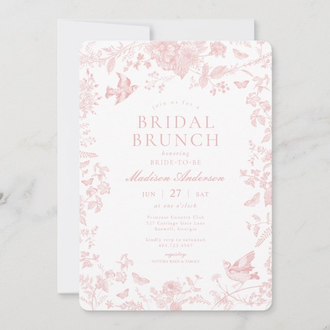 Pink Toile De Jouy French Floral Bridal Brunch Einladung (Vorderseite)