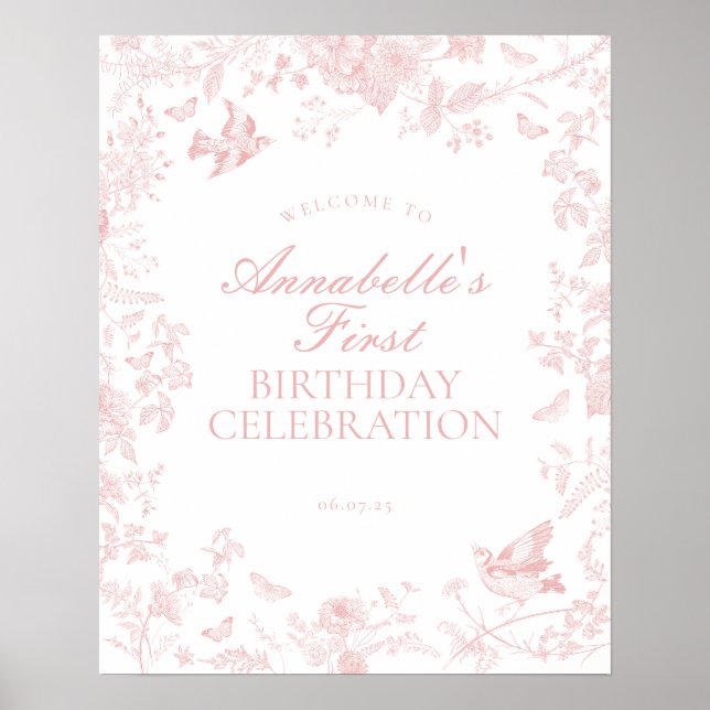Pink Toile De Jouy Geburtstag Begrüßungszeichen Poster (Vorne)