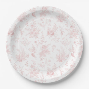 Pink Toile De Jouy Vintag Floral Chinoiserie Pappteller