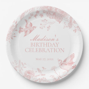 Pink Toile De Jouy Vintag Floral Geburtstagsparty Pappteller
