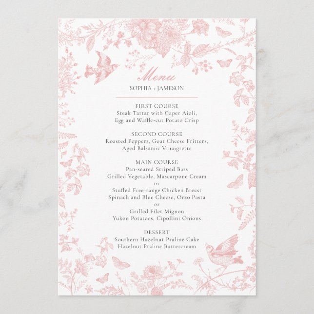 Pink Toile de Jouy Wedding Menu Menükarte (Vorderseite)