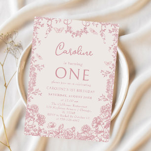 Pink Toile Floral Chinoiserie 1. Geburtstag Einladung