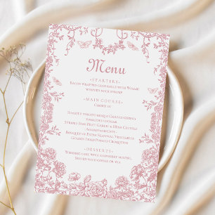 Pink Toile Floral Chinoiserie Hochzeitsmenü Menükarte