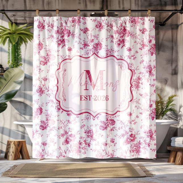 Pink Toile Floral Monogram Duschvorhang (Von Creator hochgeladen)