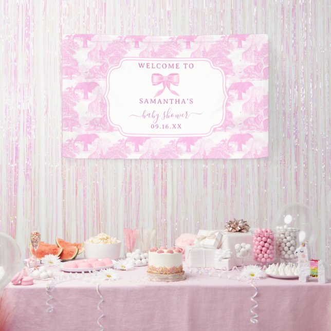 Pink Toile Jungle Animals Safari Chinoiserie Baby Banner (Party)
