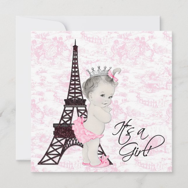 Pink Toile Paris Baby Girl Dusche Einladung (Vorderseite)