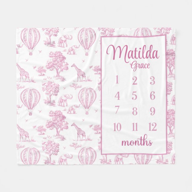 PINK TOILE SAFARI Meilenstein Schuppe, Baby Girl S Fleecedecke (Vorderseite (Horizontal))