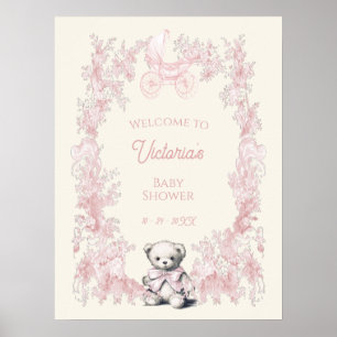 Pink Toile Teddy Bear Baby Dusche Begrüßungszeiche Poster