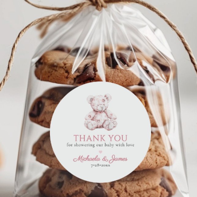 Pink Toile Teddy Bear Girl Baby Dusche Gefallen Runder Aufkleber (Von Creator hochgeladen)