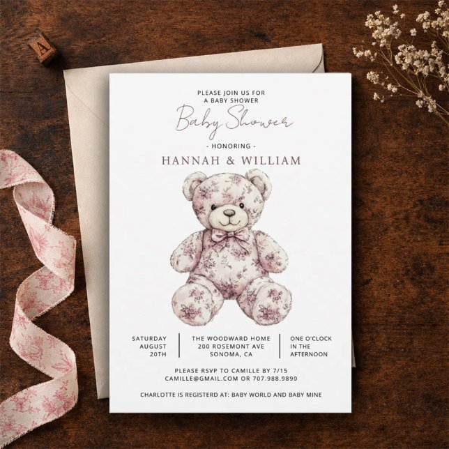 Pink Toile Teddy Bear Girl Baby Shower Einladung (Von Creator hochgeladen)