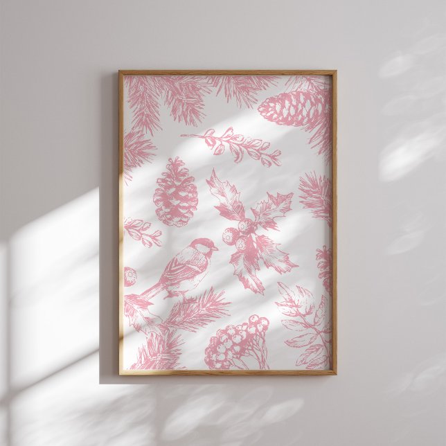 Pink Toile Weihnachtsbird und Pine Poster (Von Creator hochgeladen)