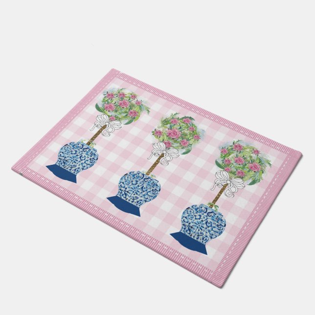 Pink Topiary Blue Rose Ginger Jar Doormat Rug Fußmatte (Schrägansicht)