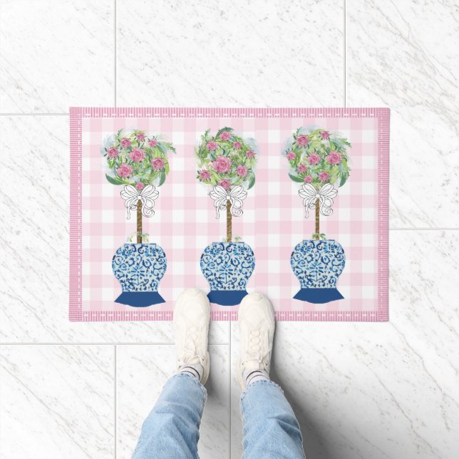 Pink Topiary Blue Rose Ginger Jar Doormat Rug Fußmatte (Indoor)