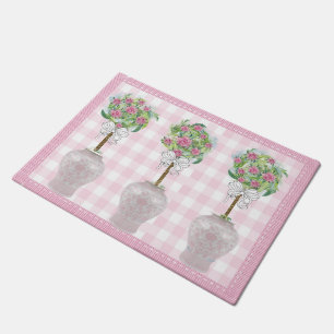 Pink Topiary Rose Ginger Jar Doormat Rug Fußmatte