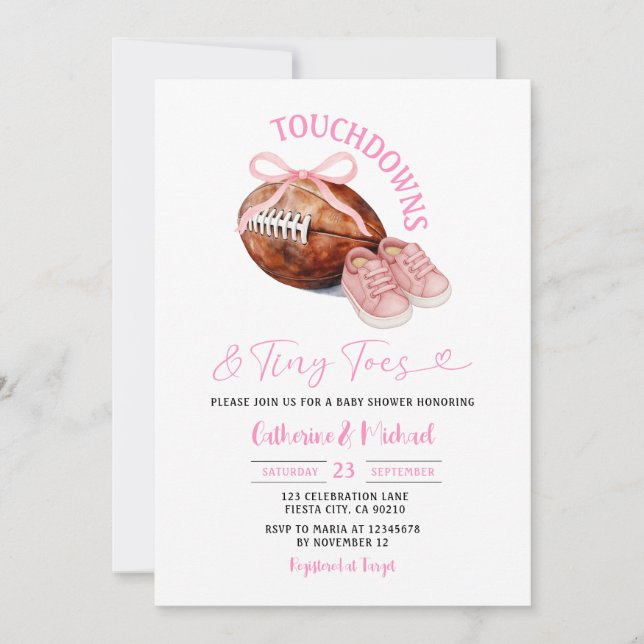 Pink Touchdown & Tiny Toes Football Baby Dusche Einladung (Vorderseite)
