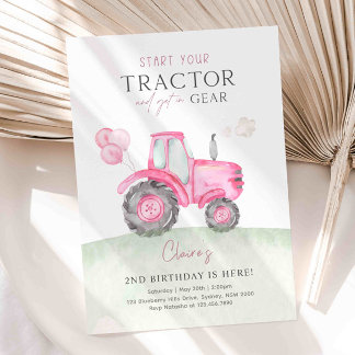 Pink Tractor & Balloons Einladung zur Geburtstagsp
