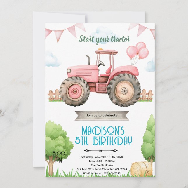 Pink tractor birthday party invitation einladung (Vorderseite)