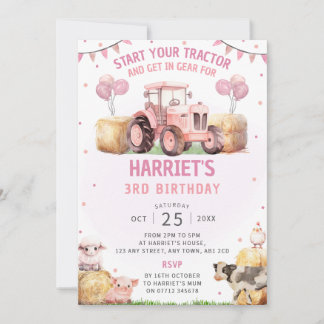 Pink Tractor Geburtstagsparty Einladung Farm Thema