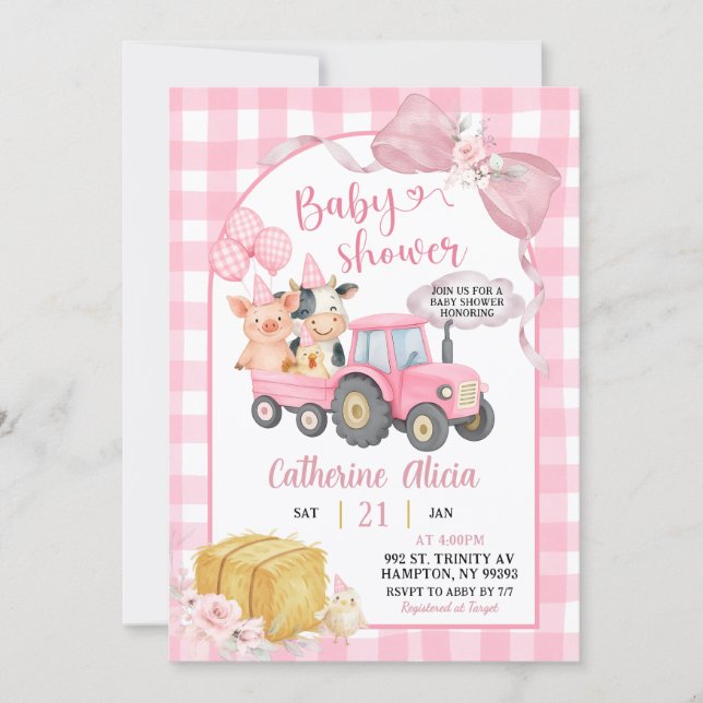 Pink Tractor Gingham Coquette Farm Baby Shower Einladung (Vorderseite)