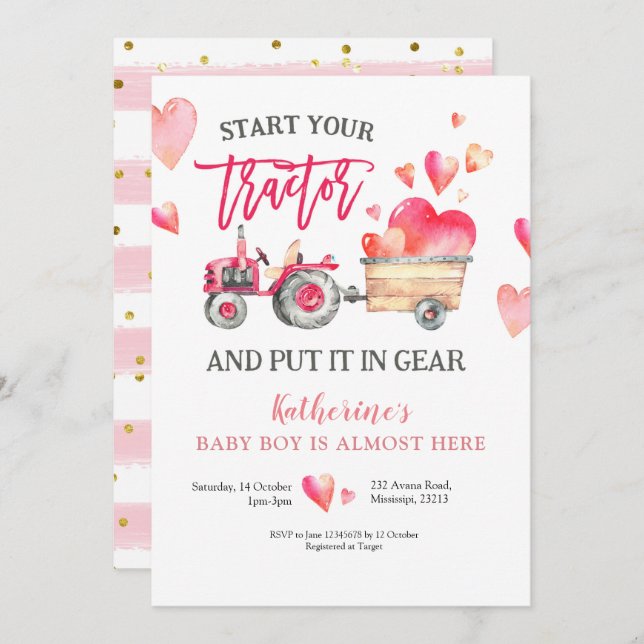 Pink Tractor Girl Babydusche Einladung (Vorne/Hinten)