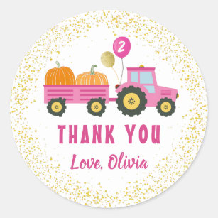 Pink Tractor Pumpkin Herbst Geburtstag Vielen Dank Runder Aufkleber