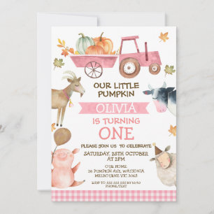 Pink Tractor Pumpkin und Landtiere 1. Geburtstag Einladung