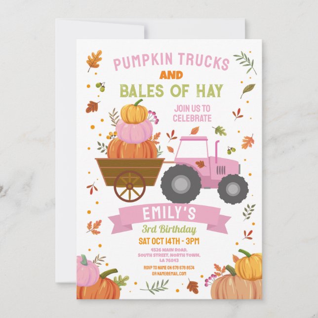 Pink Tractors Pumpkin Birthday Harvest Party Einladung (Vorderseite)