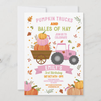 Pink Tractors Pumpkin Birthday Harvest Party Einladung