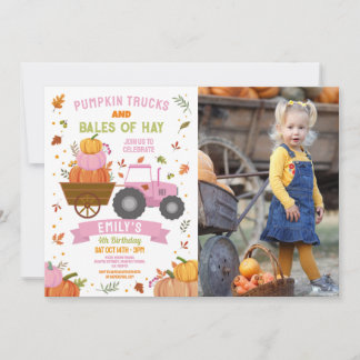 Pink Tractors Pumpkin Birthday Harvest Party Foto Einladung