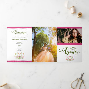 Pink Traditionelles mexikanisches Foto Quinceanera Dreifach Gefaltete Einladung