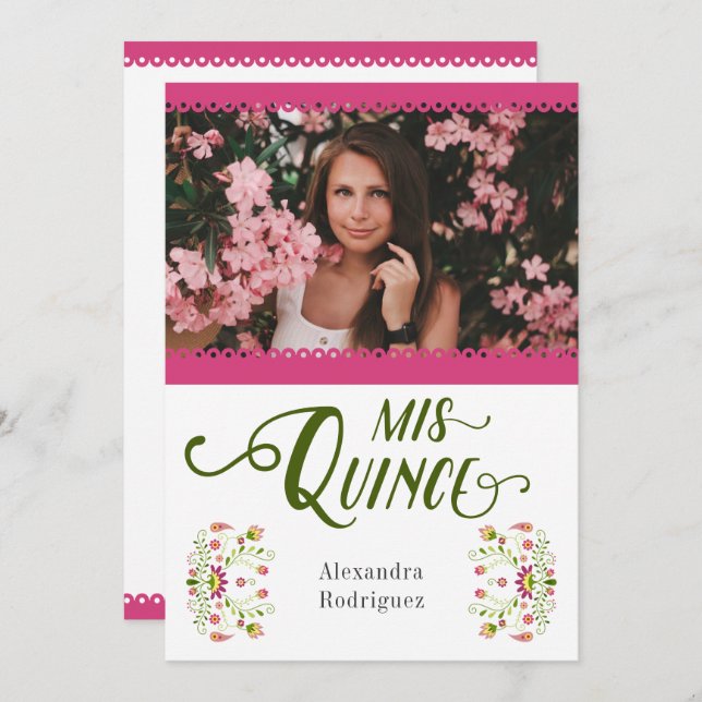 Pink Traditionelles mexikanisches Foto Quinceanera Einladung (Vorne/Hinten)