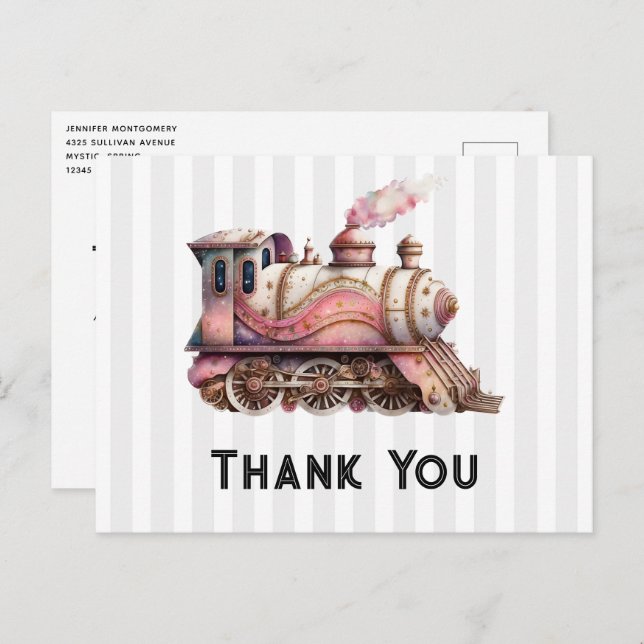 Pink Train Motor Vintag Steampunk Danke Postkarte (Vorne/Hinten)