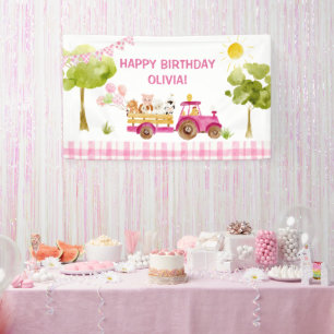 Pink Traktor Farm Tiere Geburtstagsparty Banner